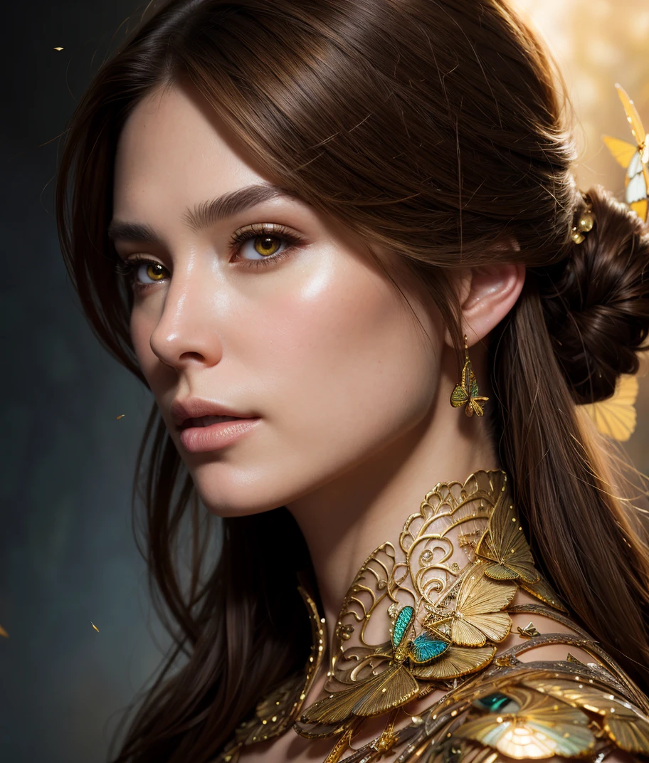 8k portrait of beautiful cyborg with brown hair, intricate, elegant, highly detailed, majestic, digital photography, art by artgerm and ruan jia and greg rutkowski surreal painting gold butterfly filigree, broken glass, (masterpiece, sidelighting, finely detailed beautiful eyes: 1.2), hdr