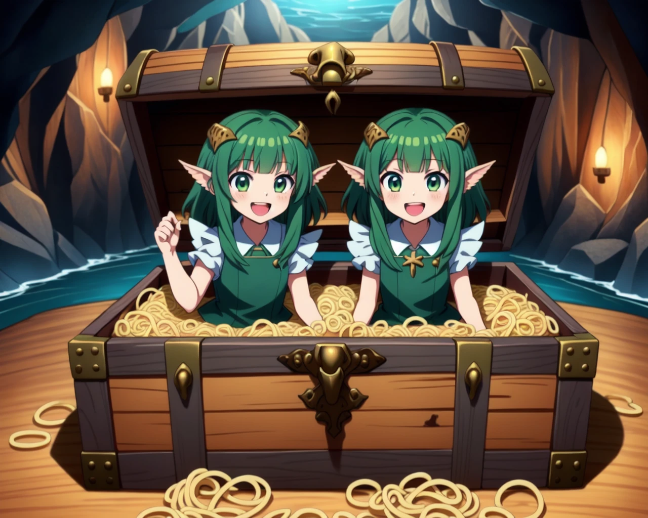 Nd mimic, noodles, anime coloring, box, indoors, <lora:mimic_v2:0.5>, 2girls, aged up, looking at viewer, smile, open mouth, bangs, boat, cave, treasure chest, food focus, spaghetti, green hair, scylla, Skylla, fins, fish girl