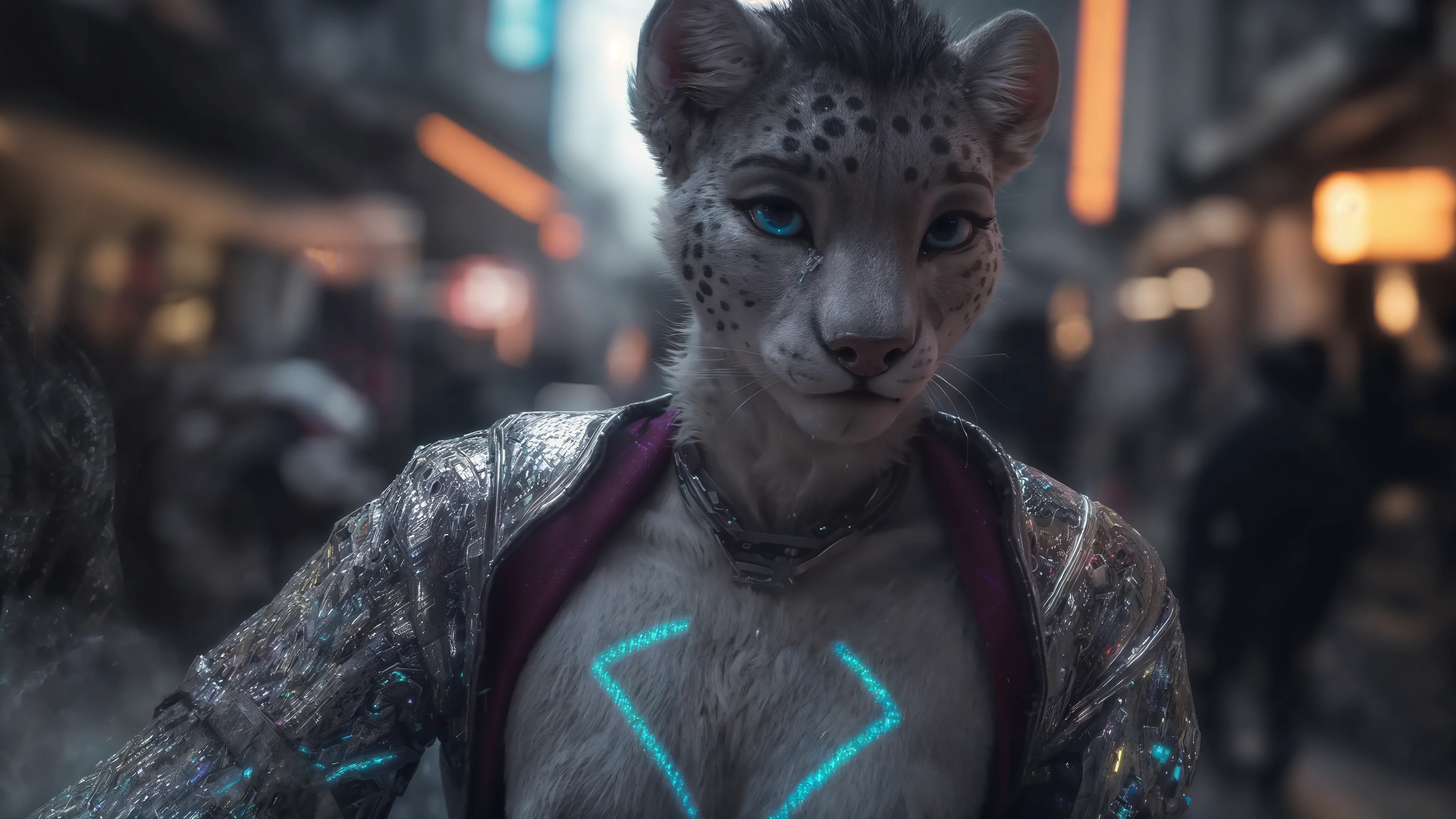 detailed background, cyberpunk cityscape, towering skyscrapers adorned with holographic billboards, snow-covered streets illuminated by neon lights, (furry female:1.2)snow leopard anthro with(luxurious white fur covered in silver circuit patterns):1.4), seamlessly integrated((cybernetic enhancements):1.3)enhancing her natural elegance and agility, glowing blue eyes piercing the darkness, sleek metallic claws extending from her fingertips, lithe and athletic build navigating the cyberpunk streets with grace.