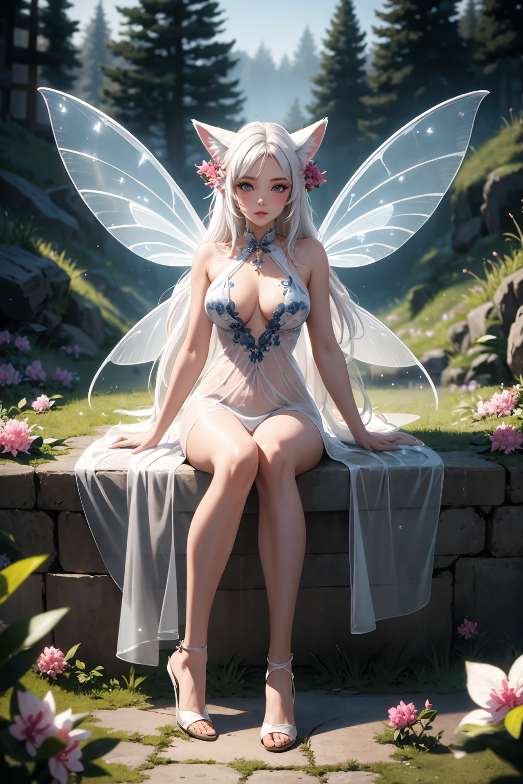 (masterpiece, best_quality, ultra-detailed, immaculate:1.3),epic,illustration,render,volumetric lighting,welcoming,gray Rhododendron faerie,fox ears,see-through gossamer,in a Roman,ancient landscape,bombshell hair,white hair,Deep Side Part,bombshell hime cut,crossed ankles,