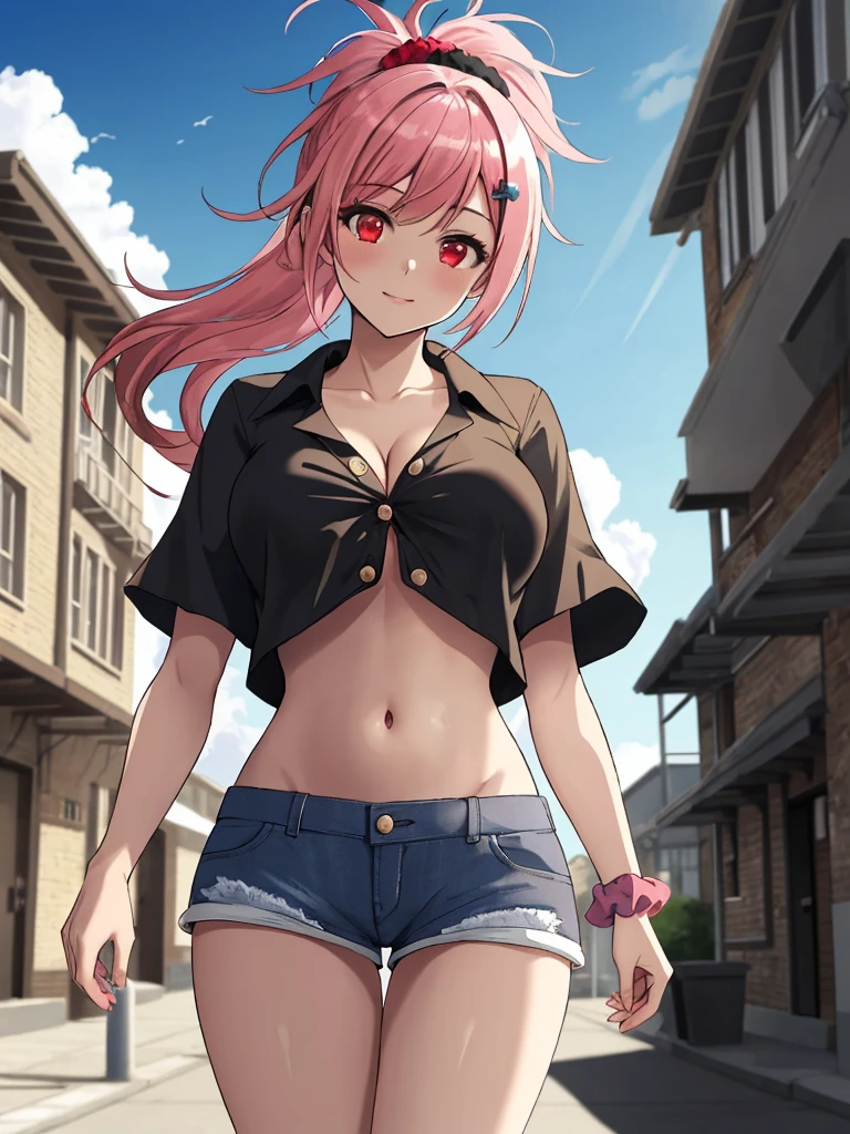 depth of field, dramatic light, cowboy shot, looking at viewer, 1girl, long hair, pink hair, ponytail, (messy hair), red eyes, large breasts, scrunchie, hair ornament, head tilt, (smile:0.7), collarbone, black shirt, navel, underboob, (open button shorts:1.2), wind, outdoors, street, building, glowing light, ray tracing, dynamic lighting, beautiful detailed sky, beautiful detailed cloud,