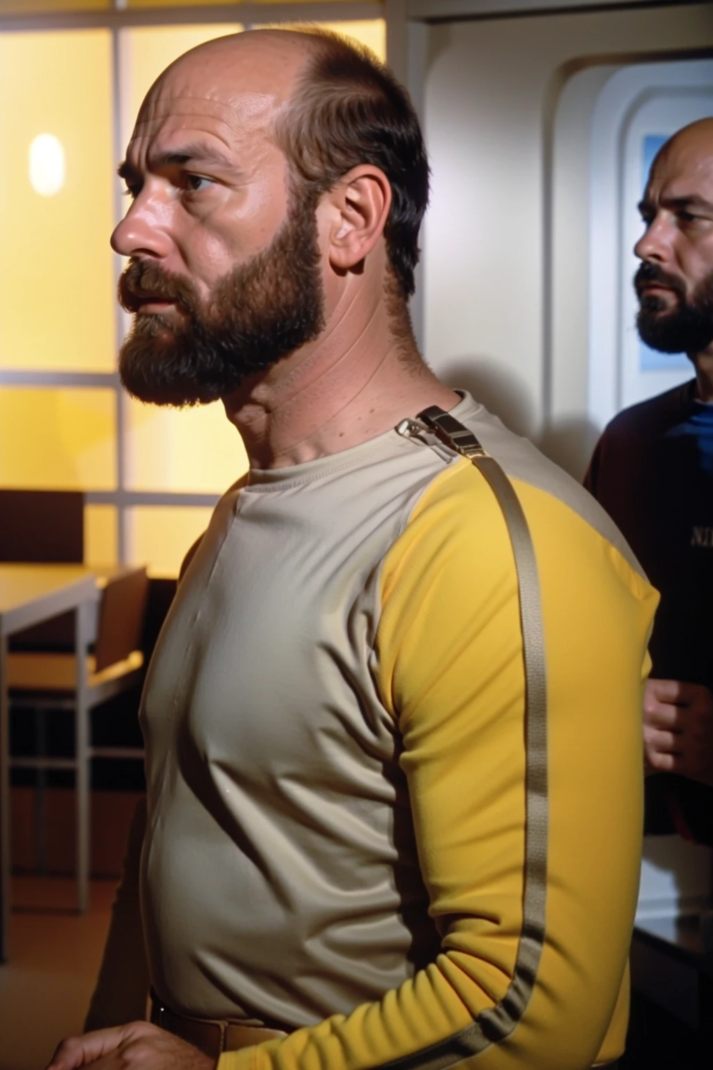 older bald man with beard in s1999unf uniform,yellow left sleeve<lora:S1999_small:0.8>