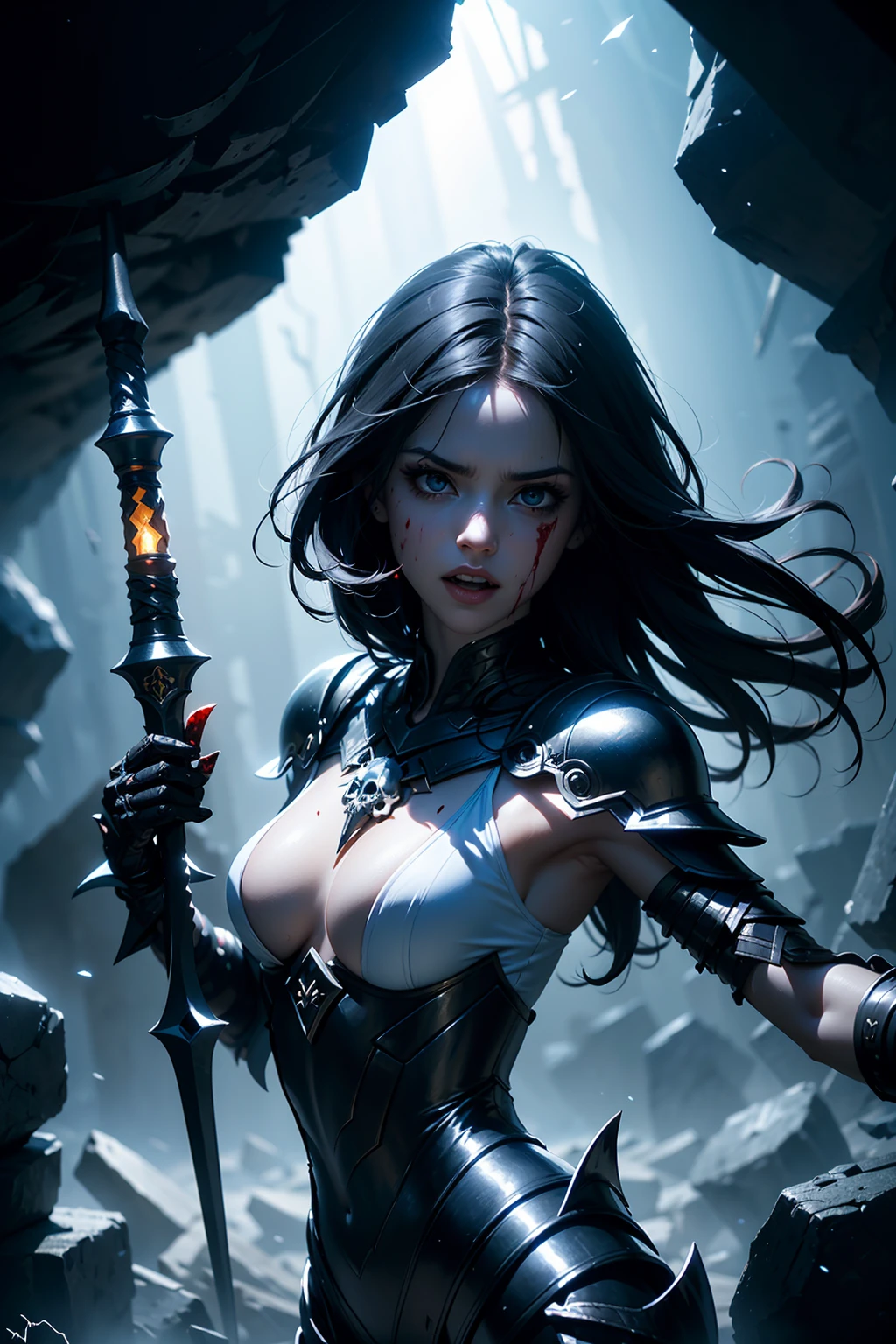 (photorealistic:1.3, realistic, ultrarealistic, hyperrealistic),masterpiece,absurdres,highres,high quality,ultra detailed,beautiful and aesthetic,horror (theme),1girl,dynamic pose,shiny skin,(holding weapon:1.4),enchanted armor,ancient,intricate details,expressive drips,(energetic movement:1.2),(sense of depth:1.6),glowing aura,in the depths of a gloomy dungeon,illuminated by divine light,(perfect lighting:1.3),(mysterious scenery),magical lighting,skull,blood,blood splatter,