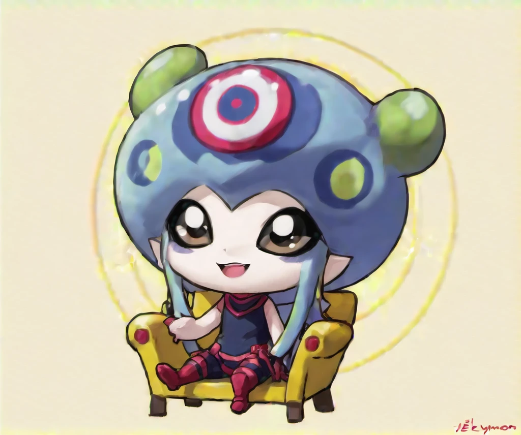 masterpiece,absurdres,best quality,solo,1girl,chibi,jellymon sitting on a chair,2d,anime,<lora:JellymonXLV2:0.8>