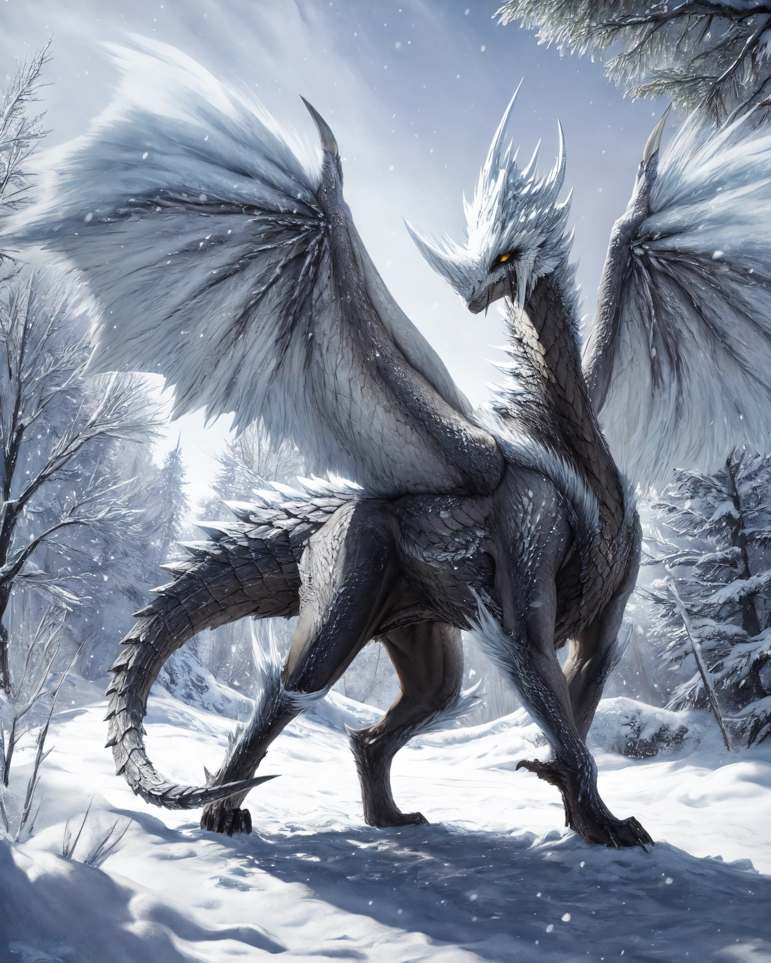 (feral:1.2),velkhana,hi res,soft shading,good anatomy,tail,cinematic lighting,by seraziel,by woolrool,buta99,detailed background,outdoors,snow,yellow eyes,wings,(nose horn),realistic,spiked tail,hands on ground,