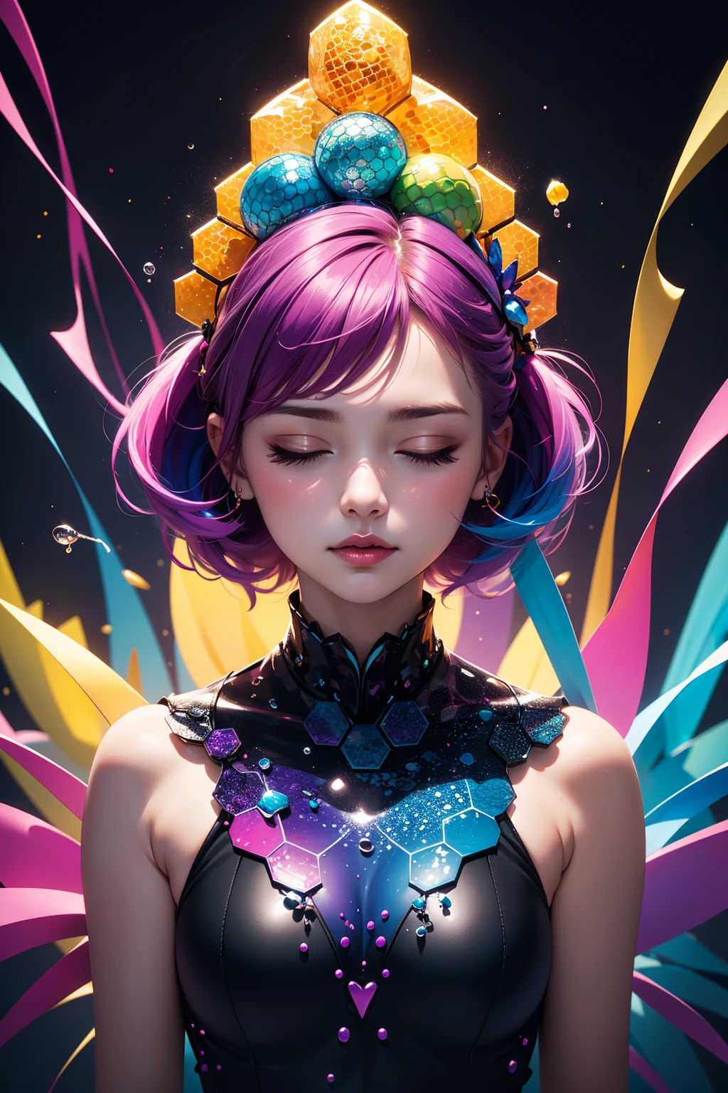 masterpiece,best quality,1girl,closed eyes,upper body,splashing,abstract,psychedelic,neon,(honeycomb pattern),(creative:1.3),sy3,SMM,fantasy00d,