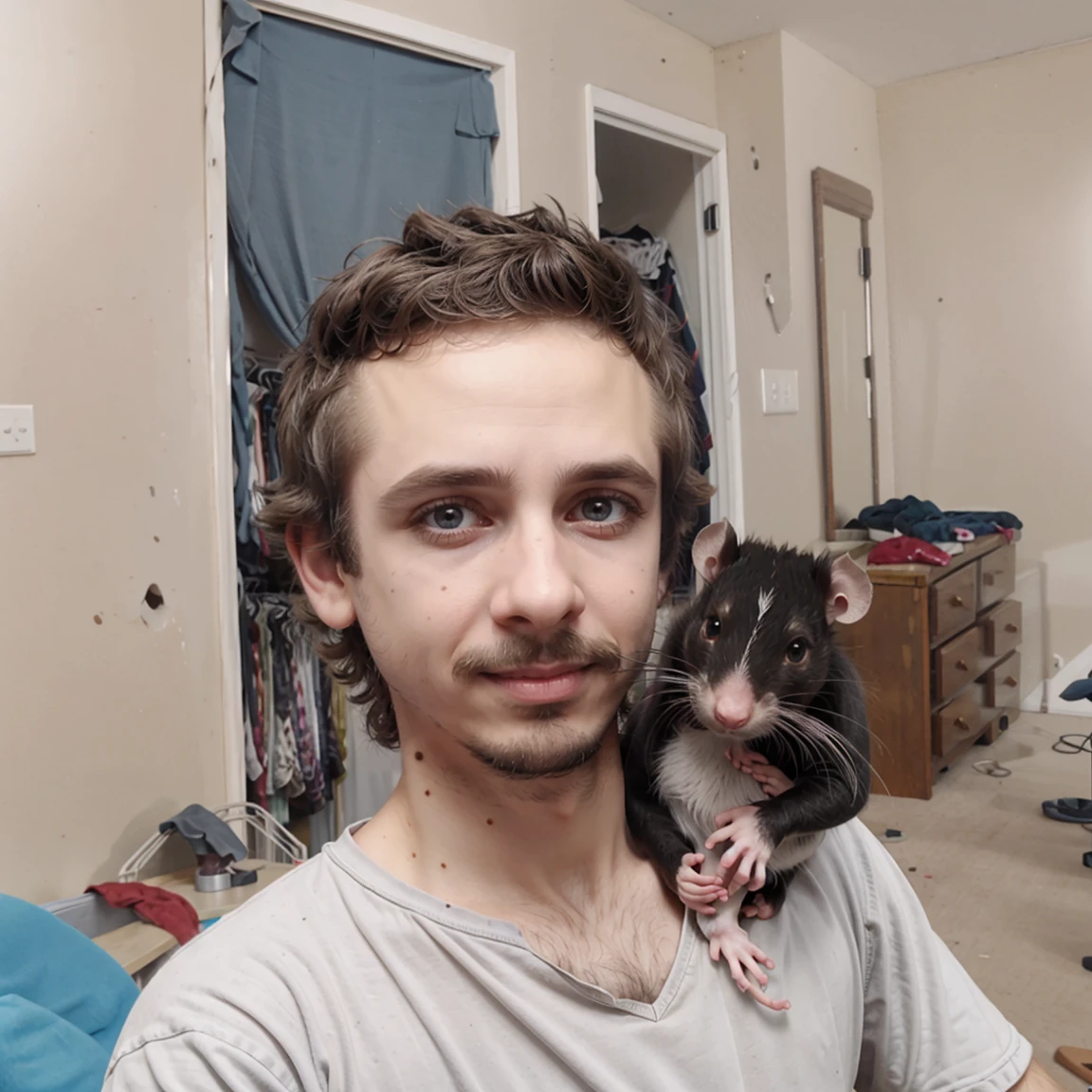 <lora:bossmanjack_v6:1.0>, b0ssman, 1boy, facial hair, holding rat, solo