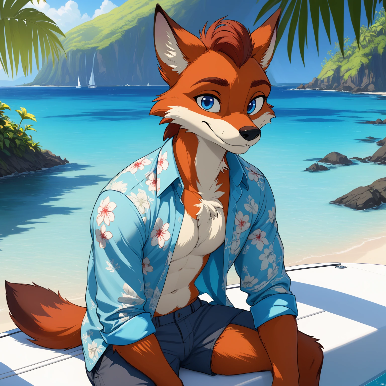 uploaded on e621, (by Homogenousrule, by Wildering, by Foxovh, by Catcouch), solo, (((nick wilde), neck tuft, fluffy tail, blue eyes)), ((hree-quarter portrait)), ((wear blue hawaii floral shirt with grey blue pants)), BREAK, ((sitting at island with plant and water on sunny day, white boat, beverage)), (detailed background, depth of field, half body shadow, sunlight, ambient light on the body), (intricate:0.7), (high detail:1.3), (unreal engine:1.3), (sharp focus:1.15), (explicit content, questionable content:0.9524), (masterpiece, best quality, 4k, 2k, shaded, absurd res)