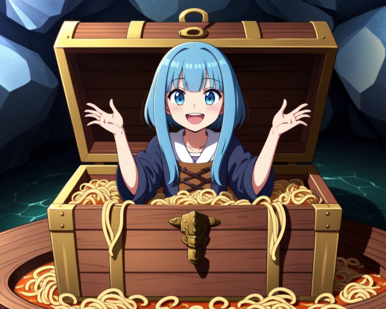Nd mimic, noodles, anime coloring, box, indoors,  <lora:mimic_v2:0.5>, woman, aged up, solo, looking at viewer, smile, open mouth, bangs, boat, cave, treasure chest, food focus, spaghetti, blue hair