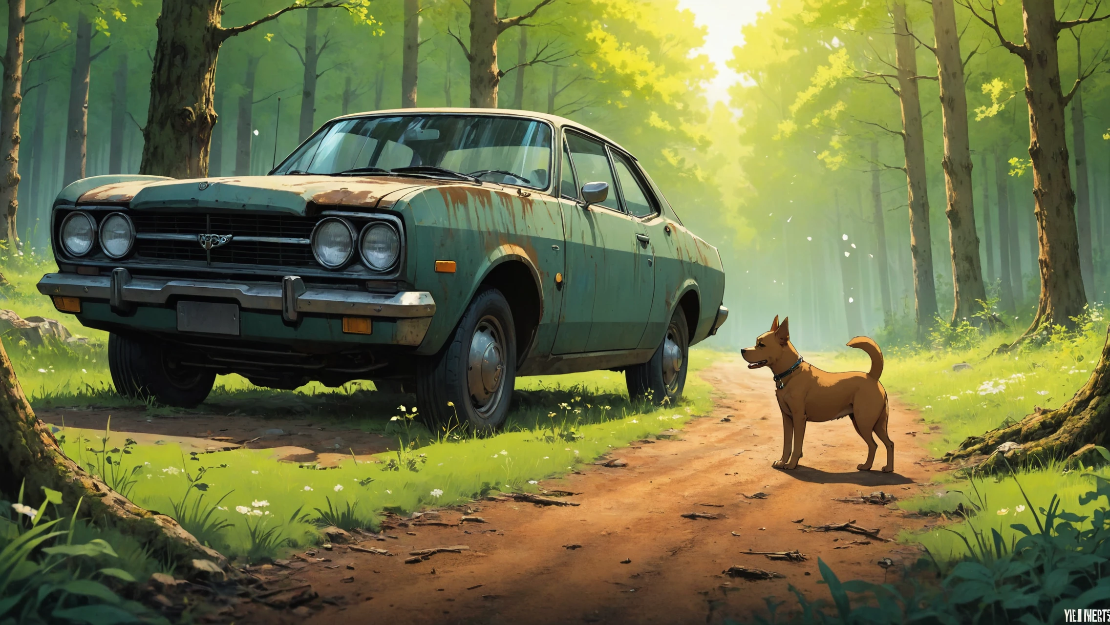 there is a painting of a car in the woods with a dog, epic graphic novel wallpaper, toon render keyshot, rust, | fine detail anime, animation still screencap, cartoon style illustration, springtime morning, incredible hd detail, side profile artwork, yellowed with age, phone wallpaper, (((forest)))