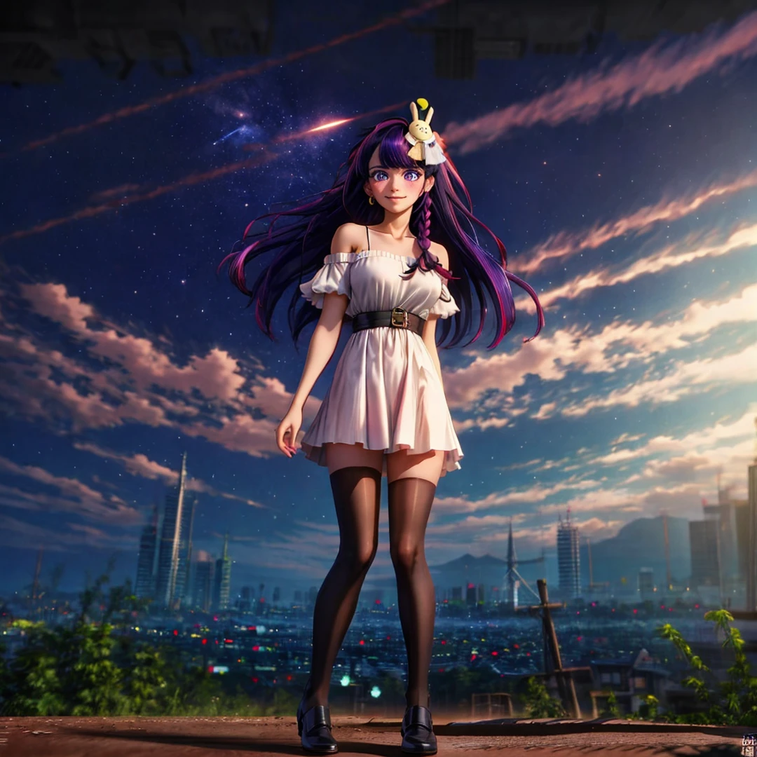 (2.5D style, single shot, shoot from front, caustic background)
BREAK
1girl, solo, night, <lora:HoshinoAi_v9:1> Hoshino Ai, long hair, purple hair, streaked hair, purple eyes, star-shaped pupils, hair ornament, bangs, bare legs, bare shoulders, blush, braid, dress, dutch angle, earrings, full body, hair ornament, long hair, looking at viewer, multicolored hair, one side up, pink thighhighs, purple eyes, purple hair, rabbit hair ornament, happy, star \(symbol\), white shirt
<lora:Furtastic_Detailer:1> <lora:mocha style:1> mocha style