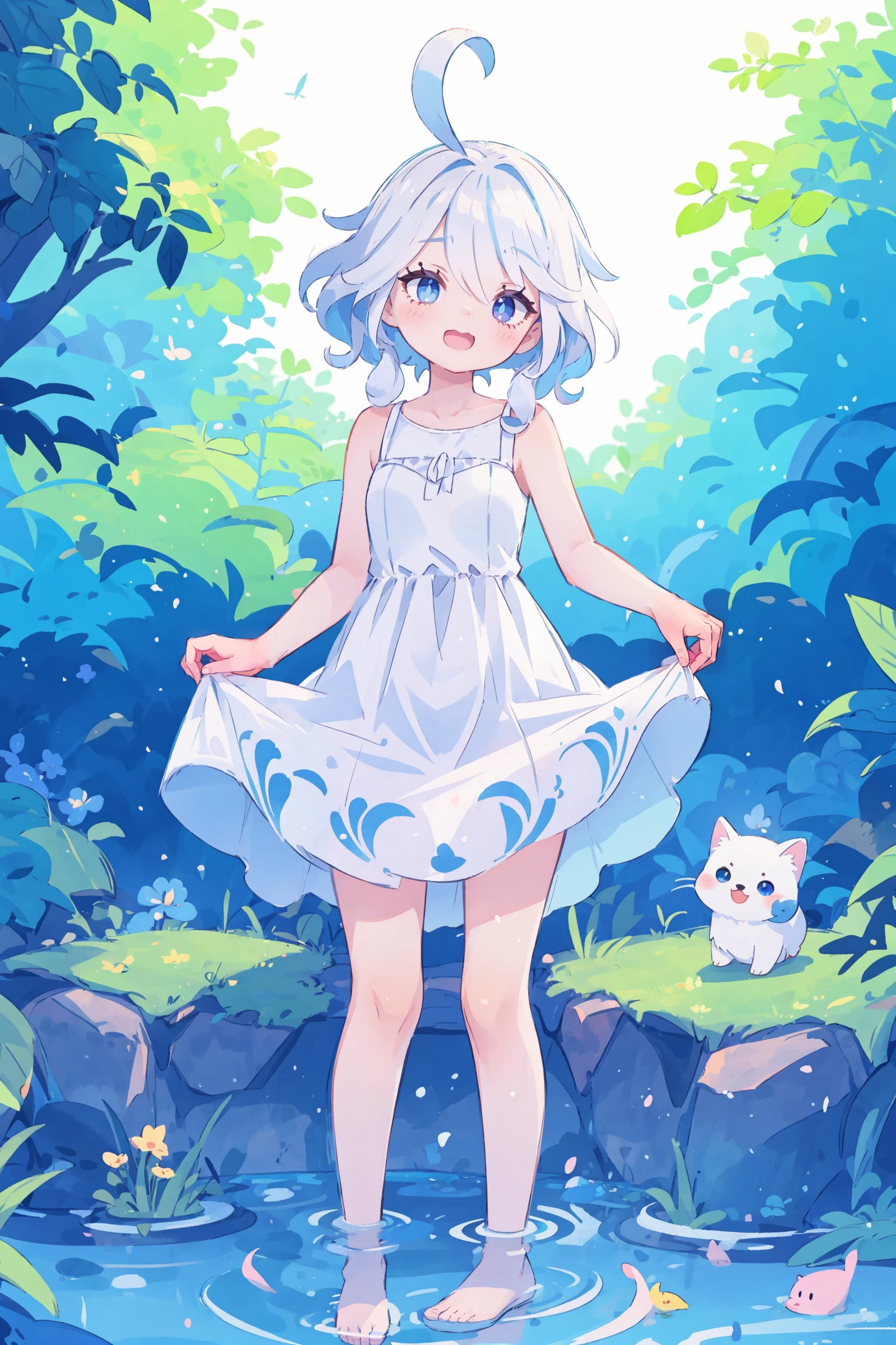 1girl, furina \(genshin impact\), heterochromia, (sundress, white dress, sleeveless dress:1.2), bare legs, stream, wading, (skirt hold, curtsey: 1.2), looking at viewer, laughing, forest, depth of field