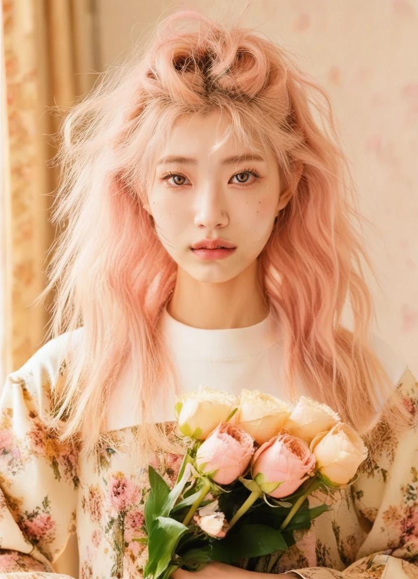 a girl with pink hair holding flowers,messy wavy white hair,inspired by Hua Yan,imogen poots,center parted curtain bangs,very very pale blond hair,light brown messy hair,sakimi chan,cover shot,80s hair,avatar with a blond hair,age 2 0,wearing dress,<lora:DetailedEyes_xl_V2:1>,<lora:neg4all_bdsqlsz_xl_V7:1>,<lora:ziyanft:0.75>,