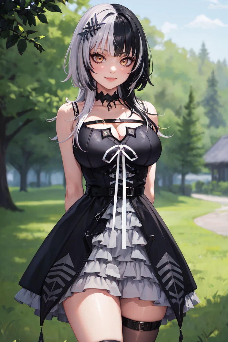 masterpiece, best quality, absurdres, perfect anatomy, 1girl, solo, ShioriBase, split-color hair, hair ornament, choker, black dress with white ribbon, sleeveless, bare arms, asymmetrical legwear, smile, arms behind back, outdoors, <lora:ShioriV2:1>