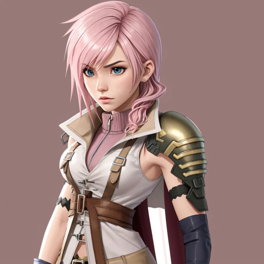 (2.5D style, single shot, shoot from front, caustic background)
BREAK
<lora:ffxiii_lightning:1> lightning farron, sleeveless, shoulder armor, cape, skirt, fingerless gloves, pink hair