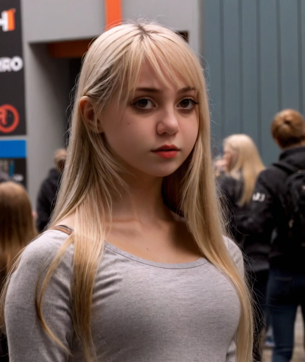 a woman with long blonde hair, the bangs cut straight across the forehead and blue eyes sitting on a red-cushioned, high-backed chair in the middle of Disneyland, completely naked and smiling at all the people