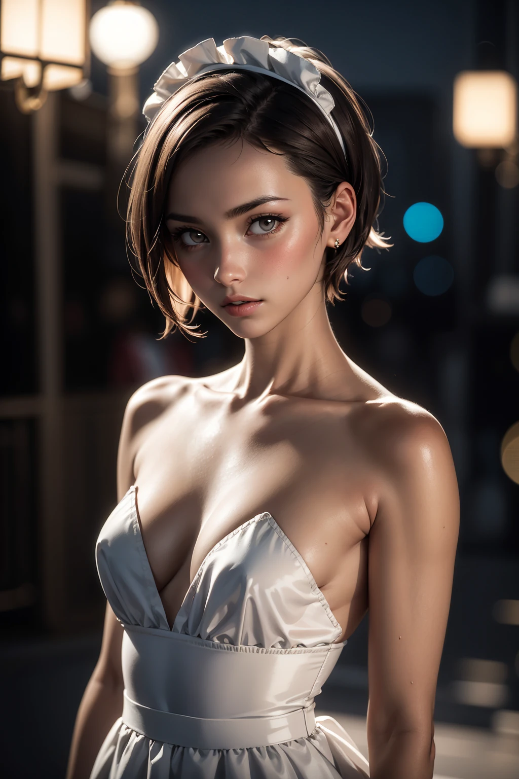 a 20 yo girl,cute,blushed,(mid-long light brown hair),sexy french maid dress,maid headband,small breasts,((madison beer:0.3), (barbara palvin:0.3), (karlie kloss:0.4)),(hi-top fade:1.3),blurred desaturated bokeh background,dark theme,soothing tones,muted colors,high contrast,(natural skin texture, hyperrealism, soft light, sharp),(close-up shot) artistic photoshoot,(naked shoulders),