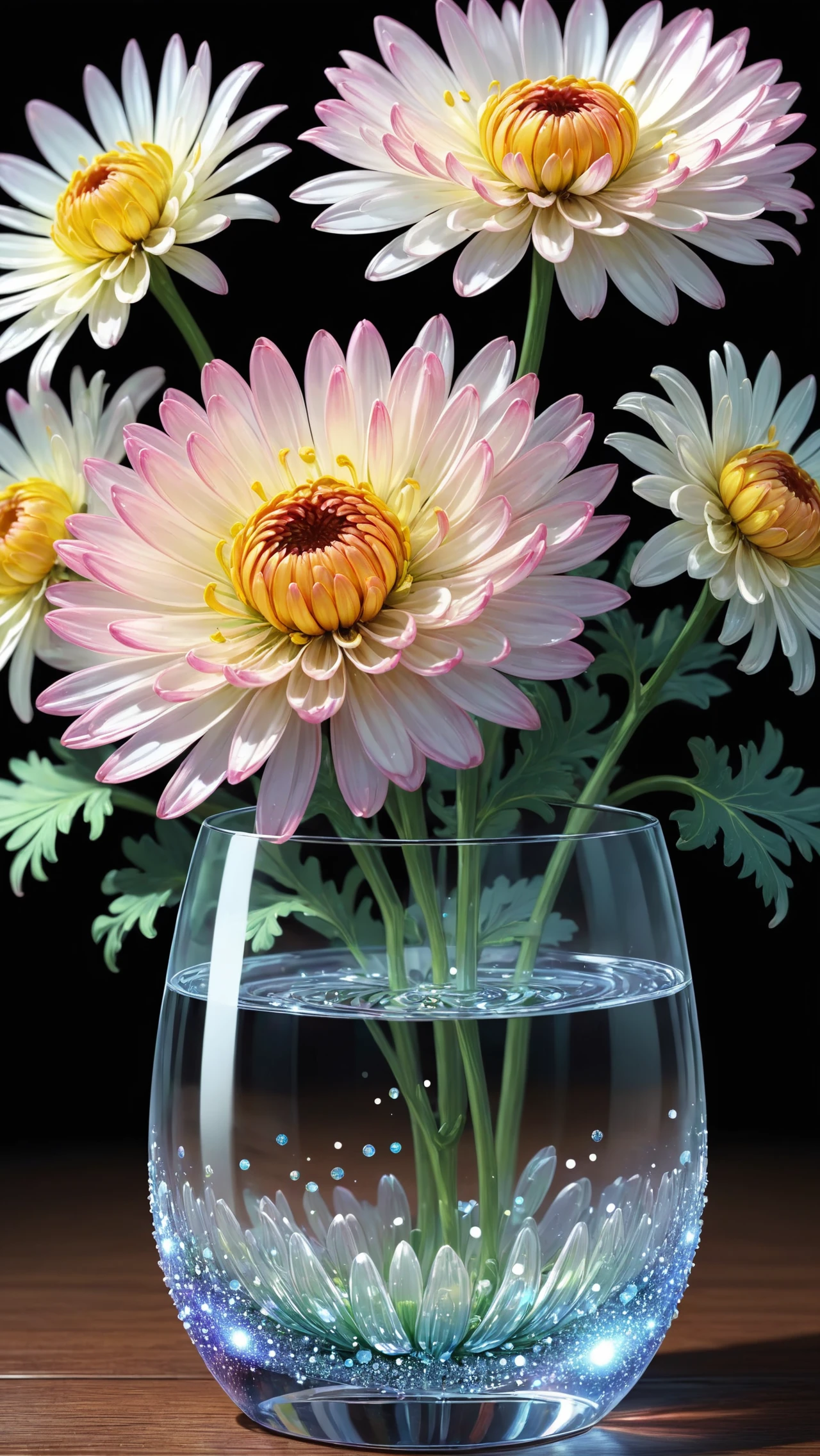 there is a glass with flowers in it on a table, amazing photorealistic graphics, 4 k hd wallpaper illustration, detailed vectorart, chrysanthemum, refracted line and sparkles, full color illustration, no gradients, mobile wallpaper, sharp high detail illustration, practice, tang mo, three-dimensional image