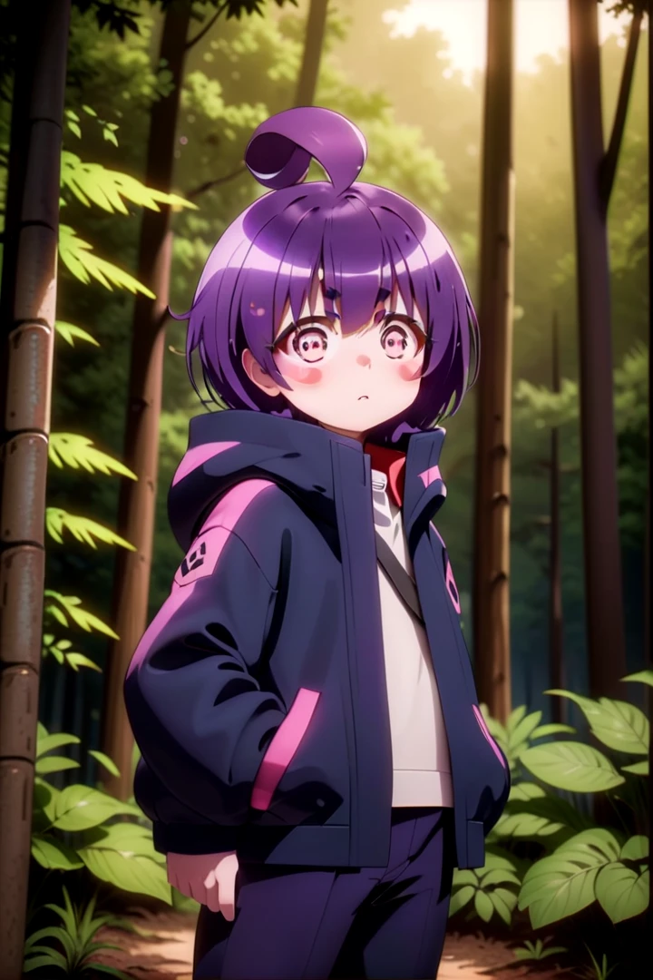 1girl named yayoi_hozuki, she has short purple hair with bangs,
Her eyes are red with a skill pattern,
she is wearing a long sleeved jacket and a white shirt,
she is standing in the forest,
The soft lighting and detailed surroundings create an immersive environment where imagination runs wild hyper-detailed,hyper-detailed face, high quality visuals, dim Lighting, sharply focused, octane render, 8k UHD
 <lora:yayoi-000020:0.7>