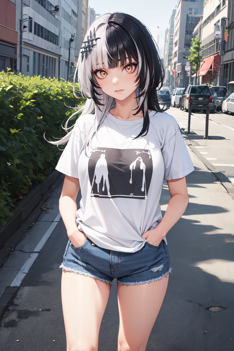 masterpiece, best quality, absurdres, perfect anatomy, 1girl, solo, ShioriNovella, split-color hair, hair ornament, t-shirt, denim shorts, standing, outdoors, city, hands in pockets, <lora:ShioriV2:1>
