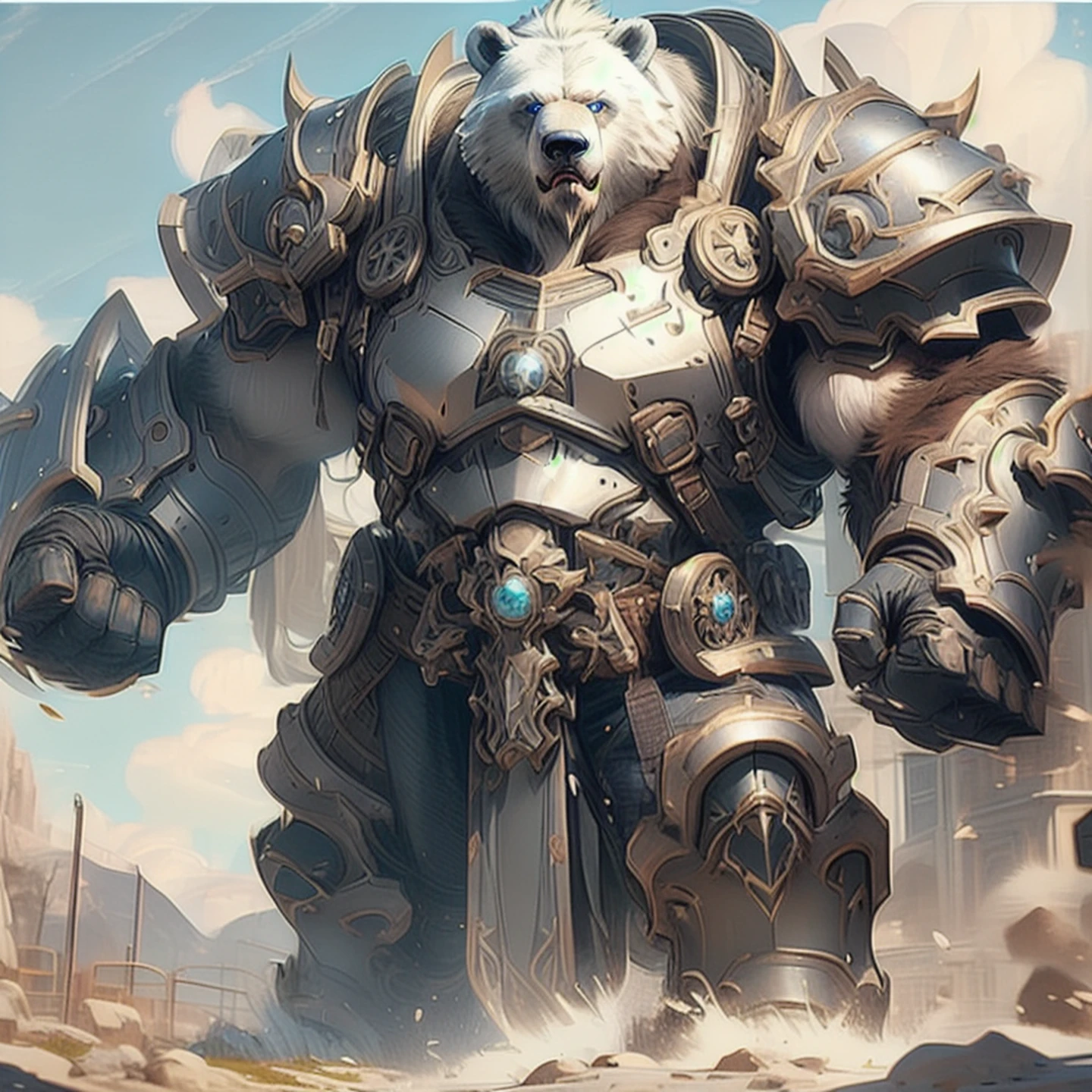 Unreal Engine, cinematic shot, best quality, masterpiece, realistic, science_fiction, sci-fi, outdoors, sky, blue sky, cloud, day, cloudy sky, cloudy, macrobear, macro, giant, front view, low-angle view, looking at viewer, furry male, furry, male, bear, polar bear, white fur, blue eyes, glowing eyes, animal ears, bear ears, thick neck, big chest, broad shoulders, fist, muscular, big muscles, detailed fur, long fur, mouth closed, angry, frown, armor, gloves, boots, shoulder armor, gauntlets, armored boots, heavy armor, plate armor, breastplate, shoulder spikes, imminent stomp, stomping, foot crush, bent legs, bent leg, tree, grass, rock, cracked ground, bent leg, small eyes
<lora:macrobearv3:0.8>