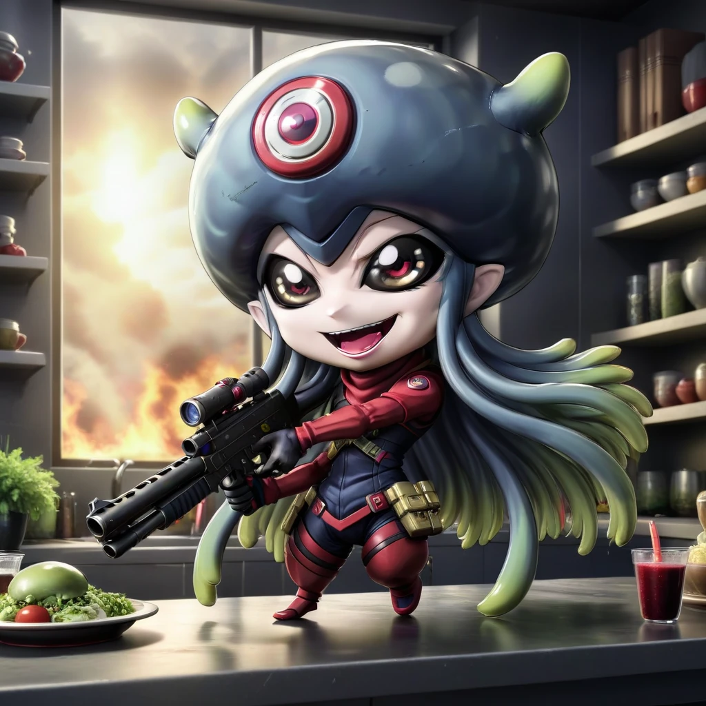 masterpiece,absurdres,best quality,1girl,solo,chibi,jellymon,holding gun,gun,scene from hellsing,2d,anime,<lora:JellymonXLV2:0.75>
