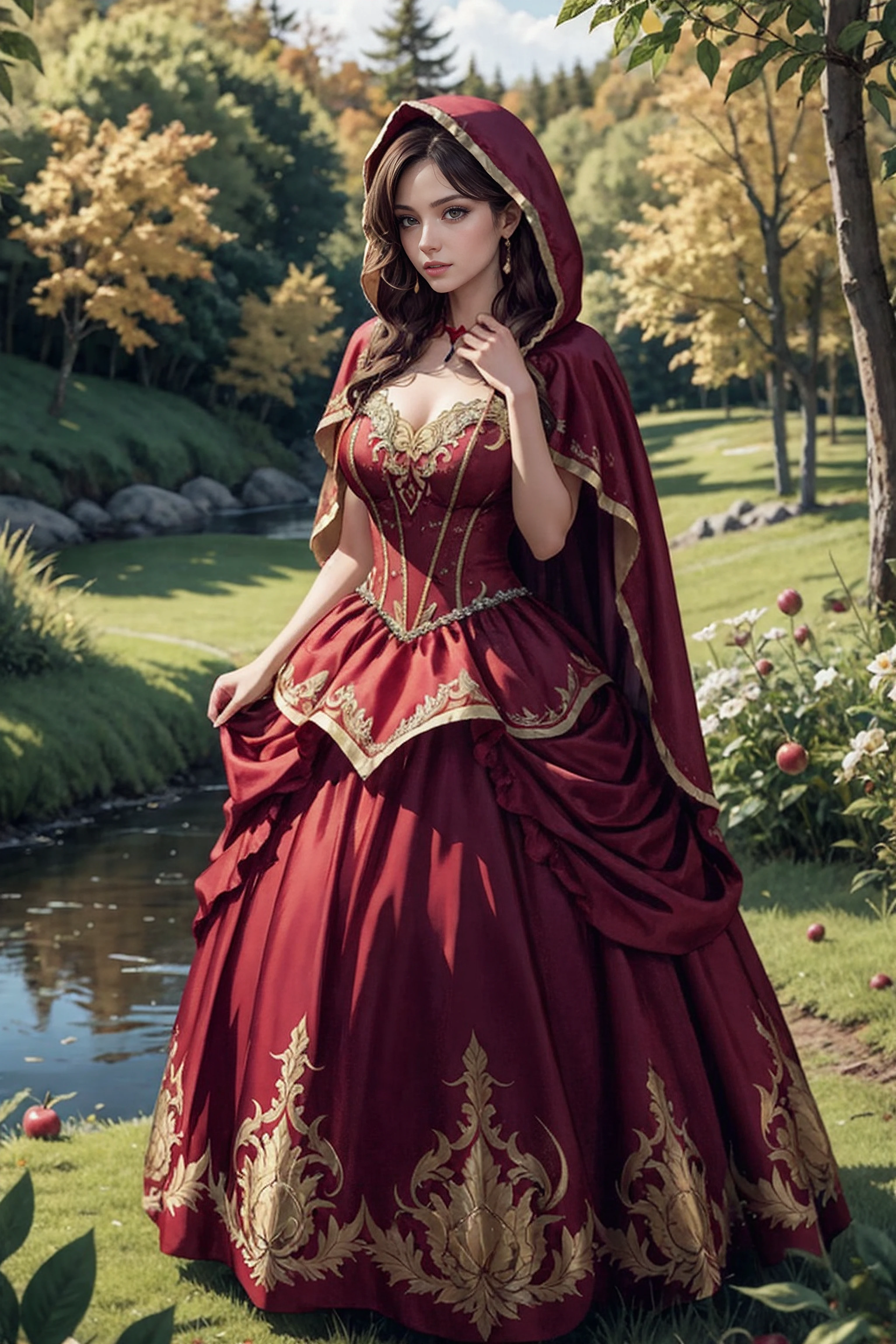 fantasy, (highlydetailed:0.91), (ultra detailed:0.91), (woman1woman:0.91), (picking apples:0.83), (red hoodcloak:0.83), (forest[forest]:0.75), (vibrant colors:0.68), (natural lighting:0.68), (soft shadows:0.68), (realistic textures:0.68), (detailed leaves:0.68), (autumn foliage:0.68), (mossy ground:0.68), (river stream:0.68), (bridge:0.68), (birds flying:0.68), (cloudy sky:0.68), (dappled sunlight:0.68), (sunbeams filtering through trees:0.68), (woodland creature:squirrel:0.6), <lora:LittleGown:0.9>, ballgown, rhg, wearing rhg, wearing a ballgown,, (masterpiece, high quality, best quality:1.3), Detailed