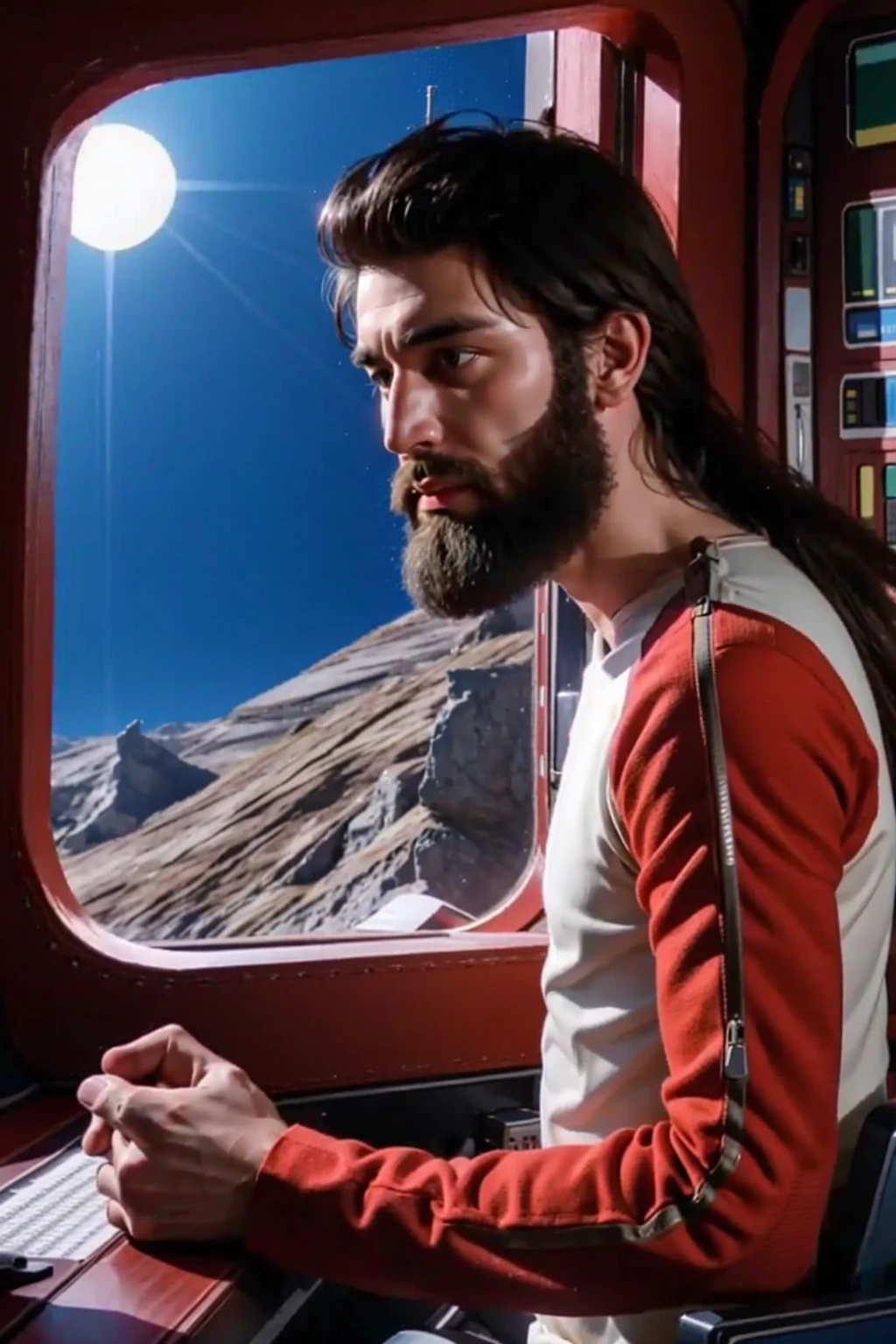 young man with long beard in s1999unf uniform,red left sleeve,on a spaceship<lora:S1999_small:0.8>