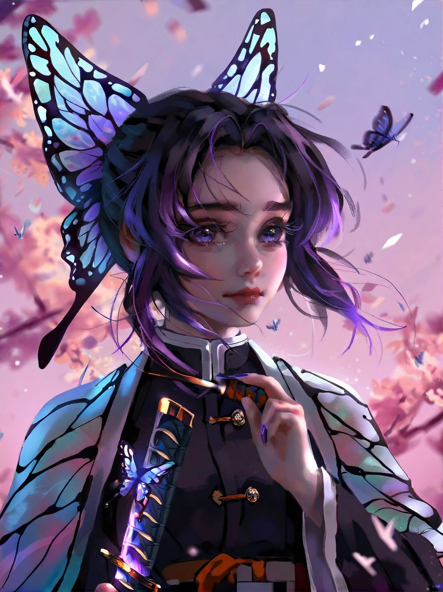 by nixeu, impasto, realistic, kochou shinobu, 1girl, weapon, solo, sword, demon slayer uniform, butterfly hair ornament, hair ornament, purple eyes, bug, purple hair, butterfly, holding weapon, holding sword, holding, looking at viewer, black hair, katana, multicolored hair, haori, lips, short hair, japanese clothes, closed mouth, portrait