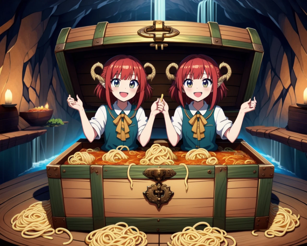 Nd mimic, hot noodles, anime coloring, box, indoors, <lora:mimic_v2:0.5>, 2girls, aged up, looking at viewer, smile, open mouth, bangs, boat, cave, treasure chest, food focus, spaghetti, red hair, scylla, Skylla, fins, waterfall