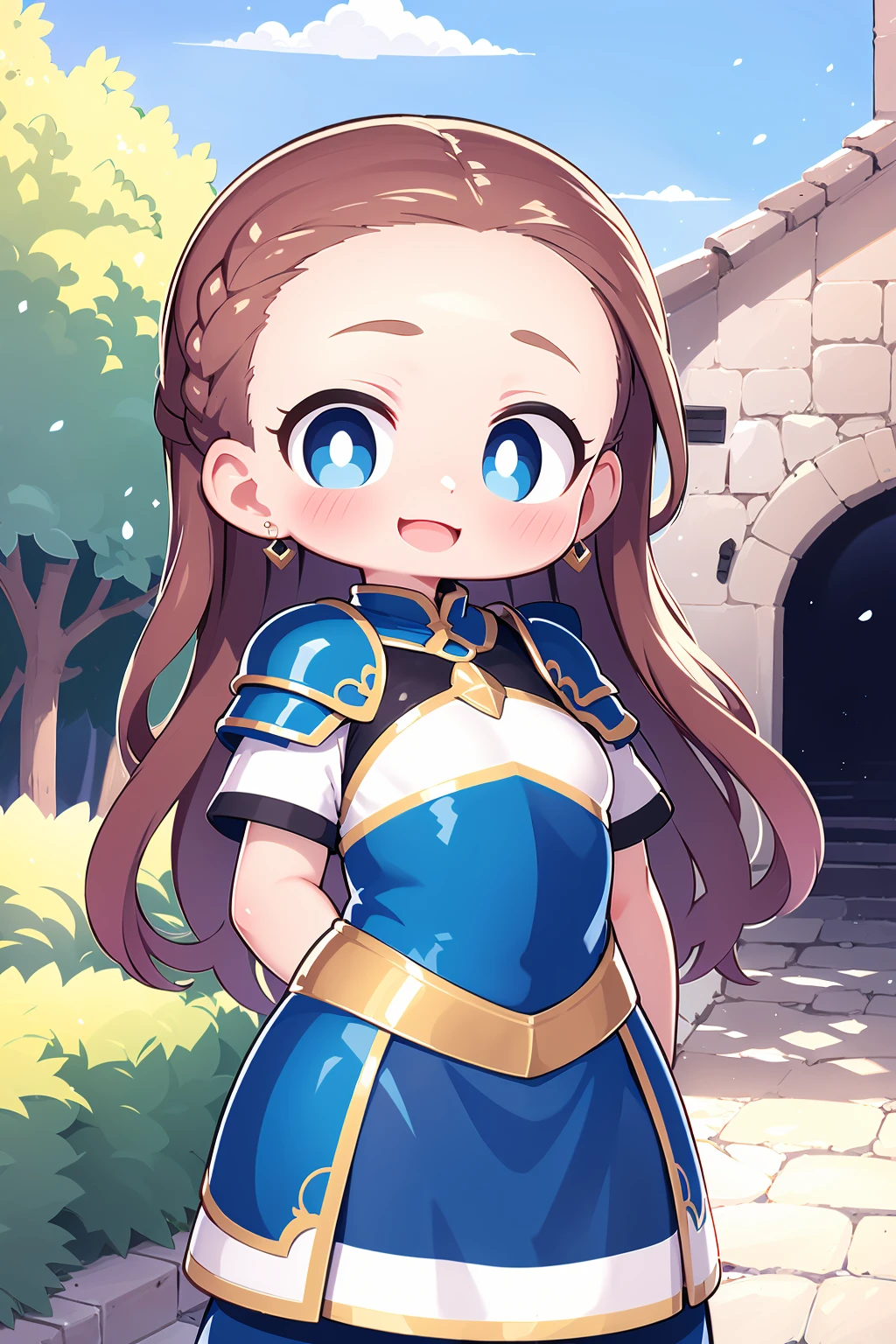 a beautiful anime character wearing a medieval blue and white dress is standing at the end of a walkway, 1girl, solo, blue eyes, jewelry, earrings, looking at viewer, smile, braid, long hair, forehead, blush, short sleeves, shoulder armor, armor, outdoors, breasts