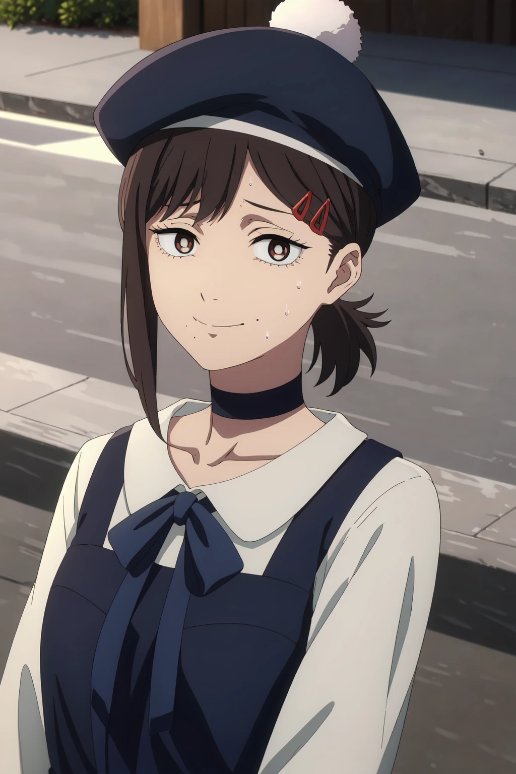 (extremely detailed CG unity 8k wallpaper),(masterpiece),(best quality),(ultra-detailed),(best illustration),(best shadow),(absurdres), <lora:kobeni-20:0.7>Kobeni, 1girl, solo, mole, hat, hair ornament, mole under mouth, hairclip, choker, black hair,white pupils, bright pupils, looking at viewer, mole under eye, beret, shirt, multiple moles, white shirt, short ponytail, sweat, single sidelock, black choker, brown eyes, collarbone, nervous, upper body, collared shirt, short hair, sweatdrop, bangs, meme, ribbon, parody, bow, black apron, closed mouth, outdoors, medium hair, black headwear, black bow, brown hair, black ribbon, smile, ponytail, bowtie, apron, dress, neck ribbon, anime coloring