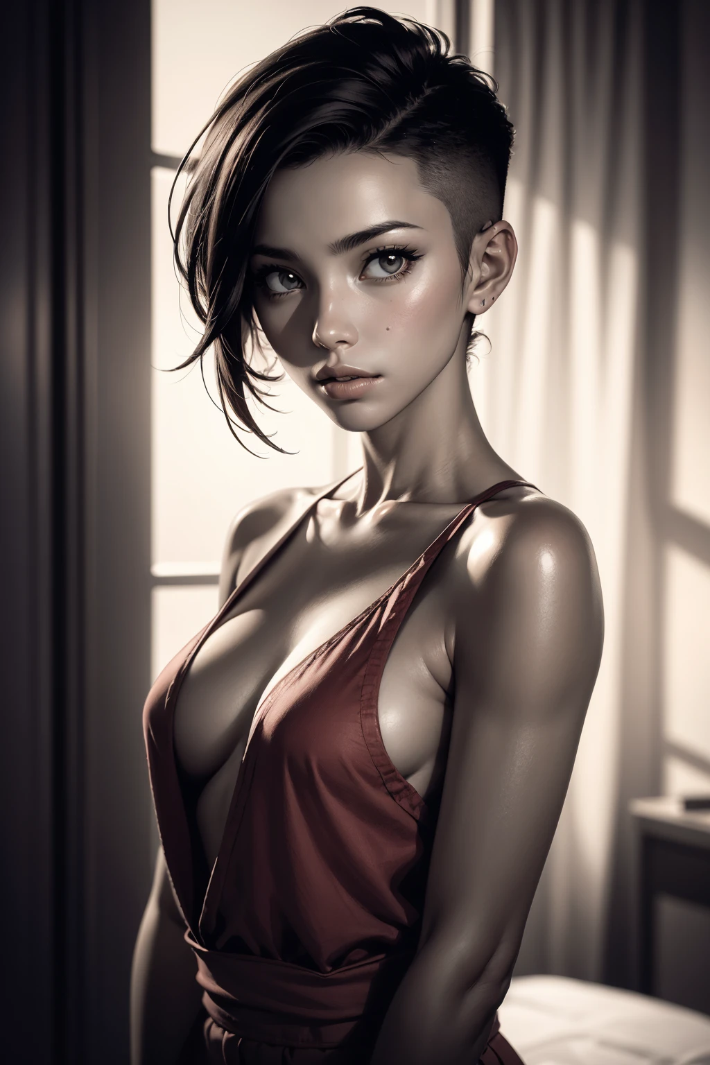 a 20 yo girl,in-love,blushed,(mid-long light brown hair),loose shirt,perky,medium breasts,((madison beer:0.3), (barbara palvin:0.3), (karlie kloss:0.4)),(hi-top fade:1.3),party background,desaturated background,bokeh,dark theme,soothing tones,muted colors,high contrast,(natural skin texture, hyperrealism, soft light, sharp),(close-up shot) artistic photoshoot,(naked shoulders),(red cloth hides breasts),
