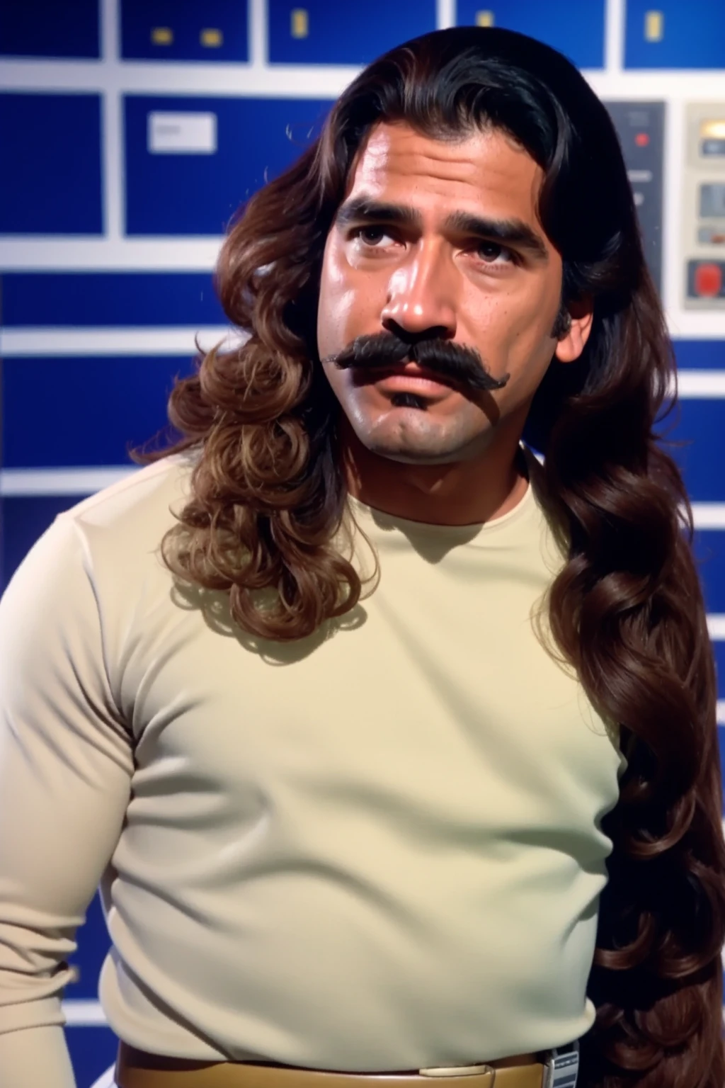 latino man with long hair and moustache in s1999unf uniform,brown left sleeve,at base<lora:S1999_small:0.8>