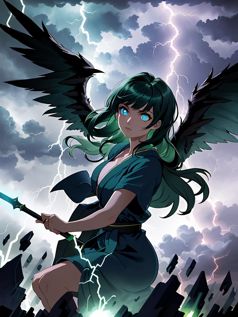 1girl, solo, delicate face, tranquil expression
blue robes, covered in lightning, wielding thunder, glowing blue eyes, flying, in the air, huge black wings, lightning eyes, dark green hair, half-up half-down hairstyle, short bangs
lightning background, storm clouds
<lora:landing_wings:1> landing_wings