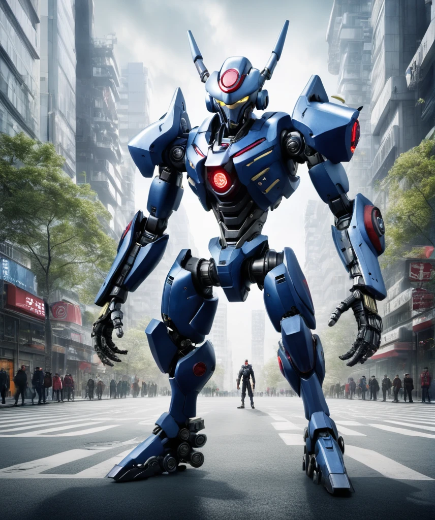 masterpiece,absurdres,best quality,solo,a giant mecha in a city,hellymon,biomechanical,cybernetic,realistic,raw photo,cinematic shot,<lora:JellymonXLV2:0.7>