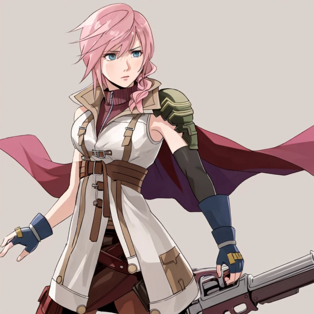 (single shot, shoot from front, caustic background)
BREAK
<lora:ffxiii_lightning:1> lightning farron, sleeveless, shoulder armor, cape, skirt, fingerless gloves, pink hair
