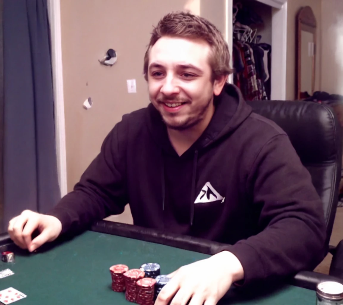 <lora:XL_bossmanjack_v6:1.0>, b0ssmanjack playing poker, wearing suit, smiling, 1boy, facial hair, solo,