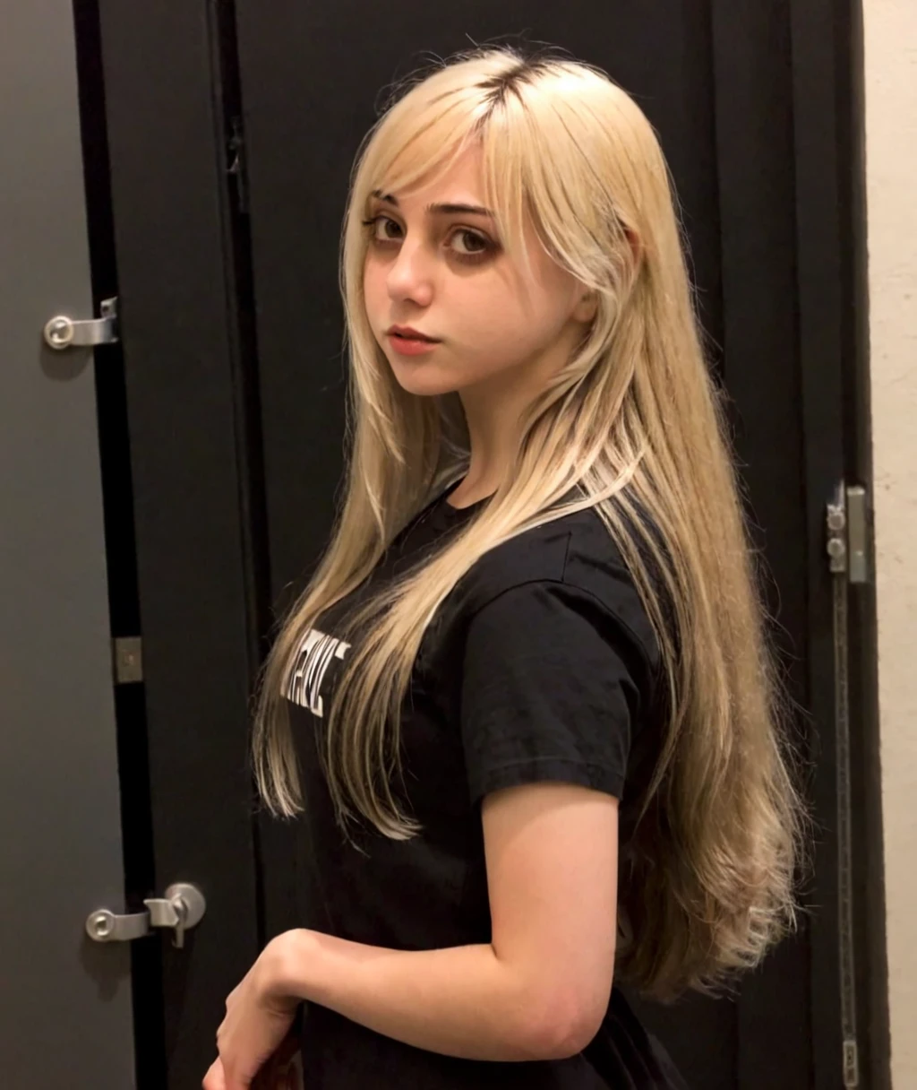 <lora:XL_marymorgan_v7:1>, <lora:add_detail:0.7>, marym0rgan, 1girl, blond hair, brown eyes, standing, long hair, realistic, black shirt, looking to side, dark eyebrows,, standing,