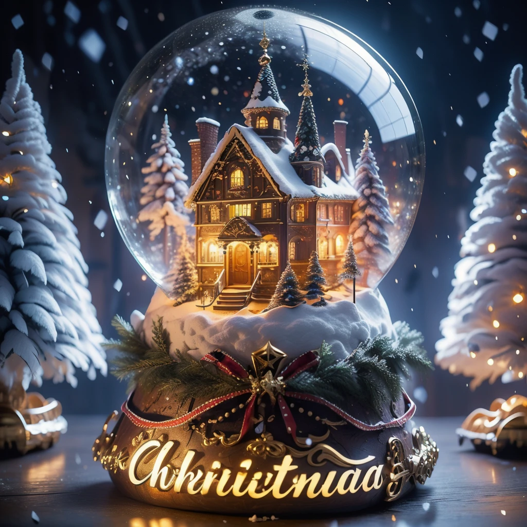 Best quality,masterpiece,ultra high res,<lora:shendan:0.7>,
no humans,snow,house,christmas,snowing,christmas tree,window,chimney,tree,english text,merry christmas,building,purple background,