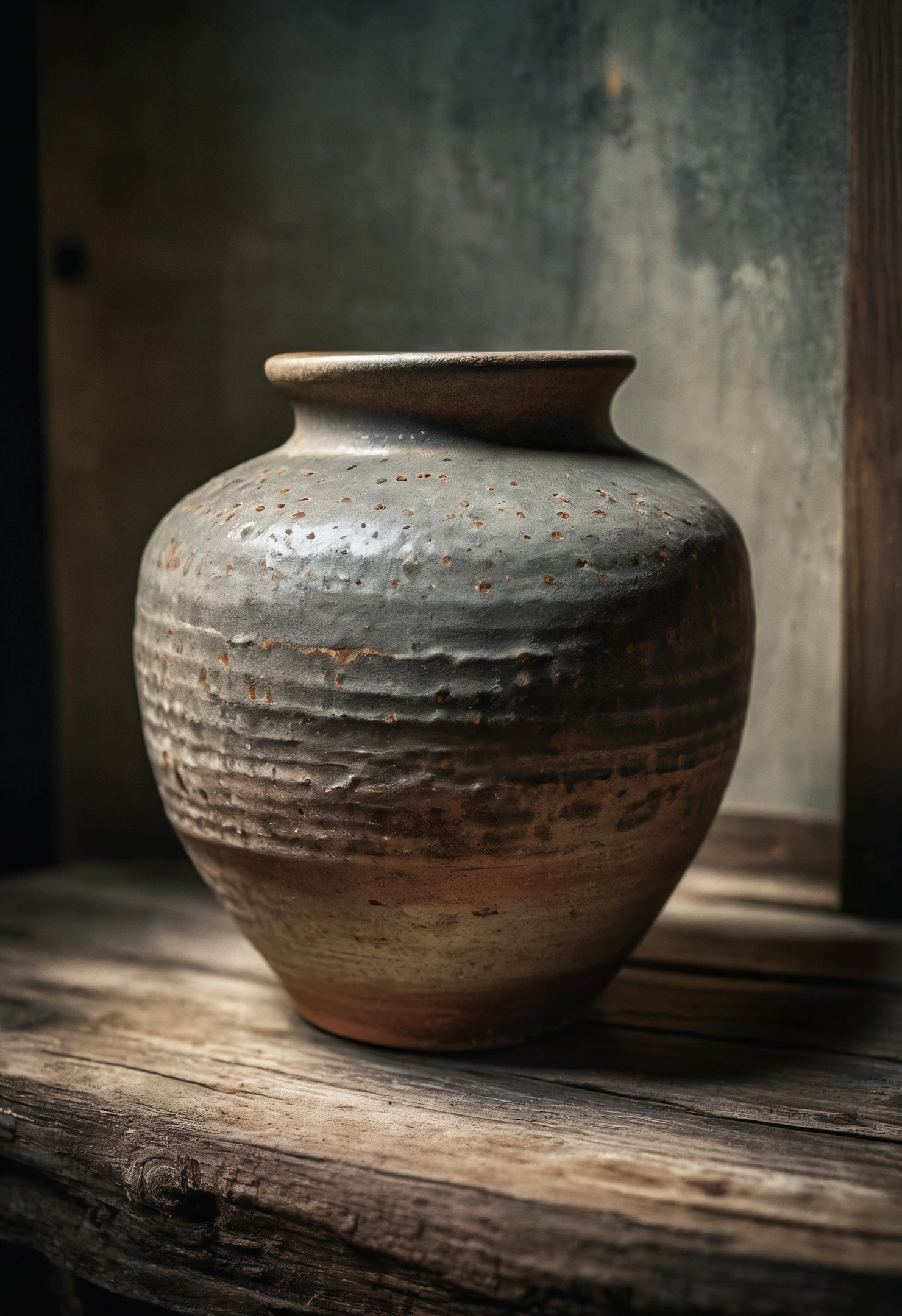 RAW Photograph of a piece of Japanese pottery, wabi-sabi aethetic, still life, film grain, sober and peaceful, luminescence, insane intricate detail, award winning art, 8K, HDR, masterpiece, dslr, kodachrome, 35mm photograph, highly detailed