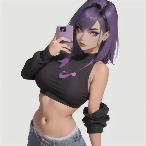 1girl, woman, crop top, (waistband), animated, selfie, jeans, <lora:Shy_Undies_-_Waistbands:1>, purple hair, dynamic pose, celebrating,, (masterpiece), (best quality), (ultra-detailed)