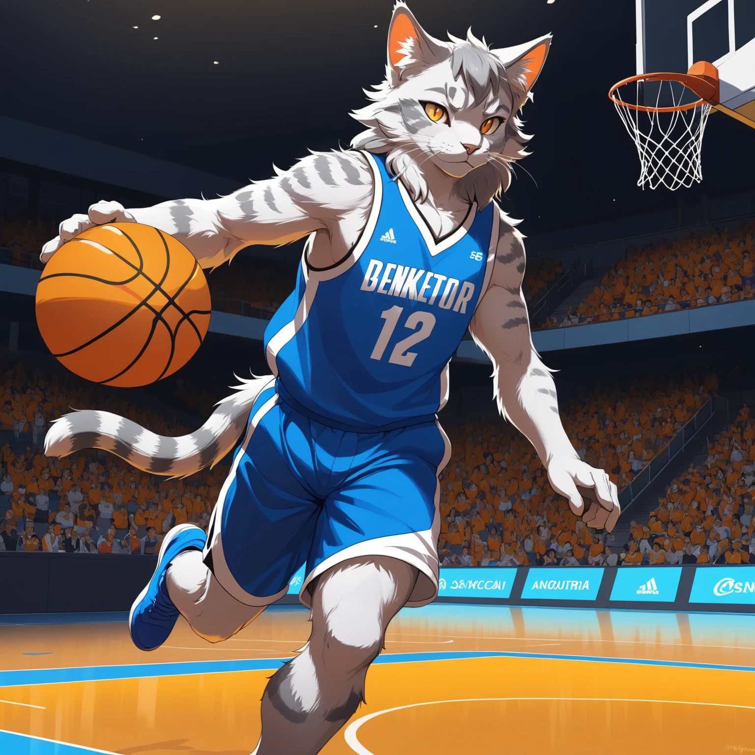 furry, anthropornorphic, masterpiece, high quality, absurd res, digital painting \, (artwork\), by dagasi, yupa, kiyosan, yiffy1234, (fluffy fur:1.1), (bright:0.8), anthro male cat., (orange eyes, Gray blue fur, full body fur, cat snout:1.2), bright eyes, panorama, character focus.detailed background, (Yellow basketball jersey, sweating, dribble, playing basketball:1.2), (indoor, basketball court:1.2, )