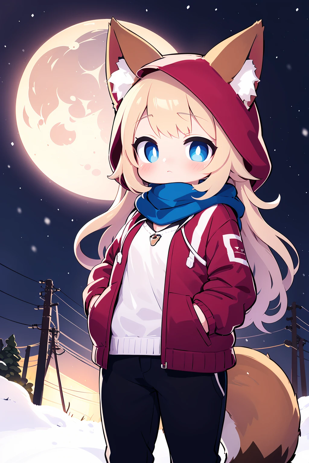 an anime character posing in front of the night sky with a moon in background, 1girl, solo, animal ears, outdoors, tail, long hair, scarf, hands in pockets, looking at viewer, jacket, blue eyes, night, pants, bangs, power lines, hood, snow, fox ears, fox tail, closed mouth, hood down, moon, open clothes