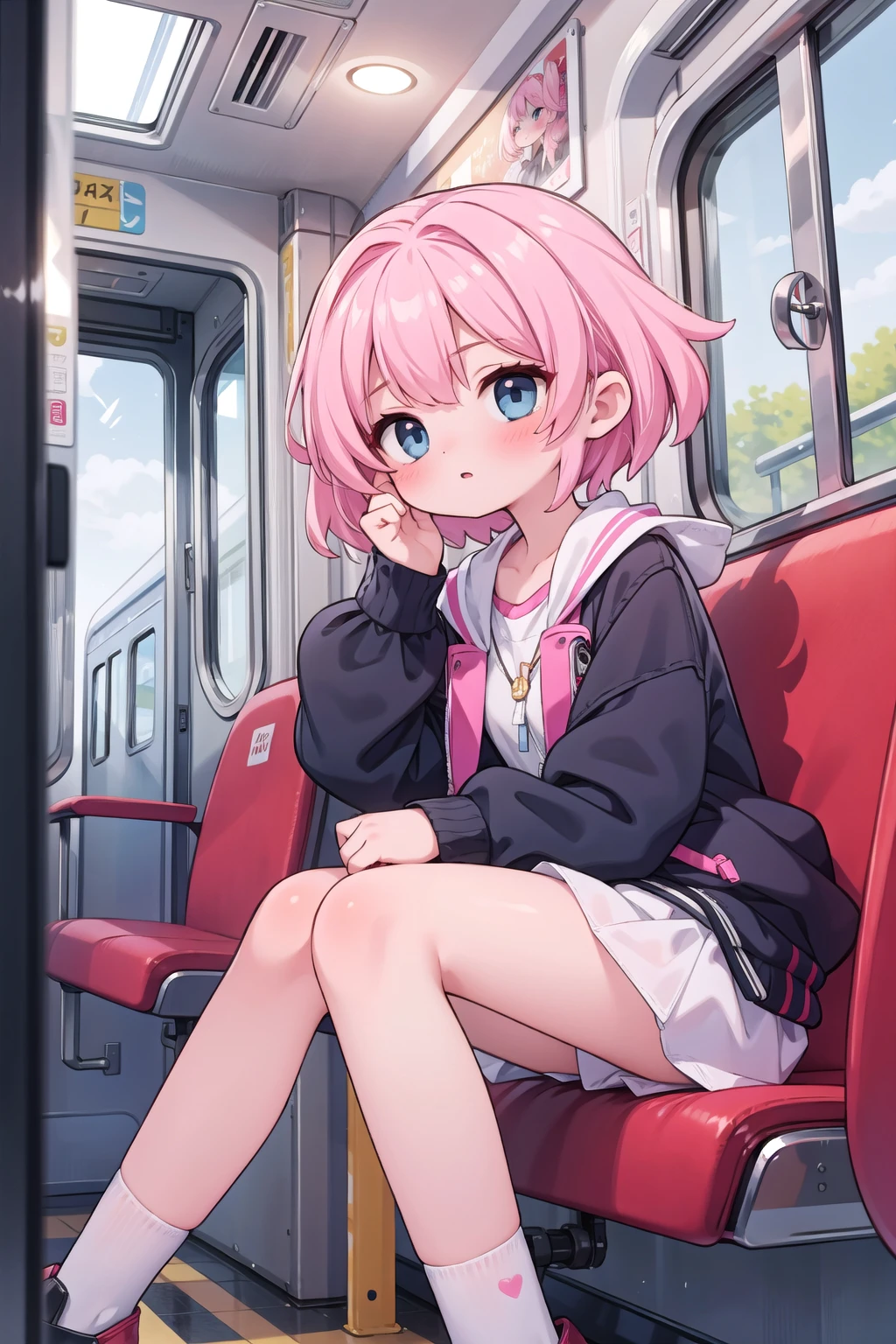 (masterpiece), 1girl, pink hair, train interior