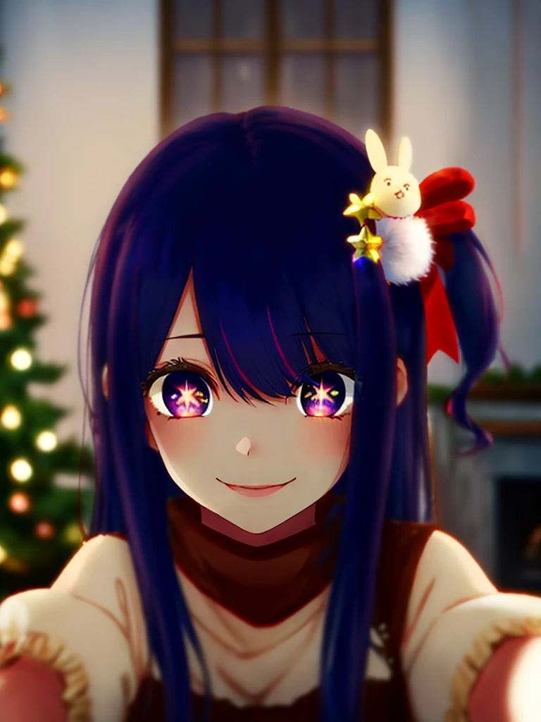 aihoshino, hair between eyes, hair ornament, hair ribbon, long hair, one side up, (purple eyes:1.1), purple hair, rabbit hair ornament, (star-shaped pupils:1.5), symbol-shaped pupils, pink thighhighs
looking at viewer, smile,
indoors, x-mas decoration, bokeh
(illustration:0.8), (beautiful detailed eyes:1.6)
<lora:Furtastic_Detailer:1> <lora:mocha style:1> mocha style <lora:[P] Hoshino Ai:1>