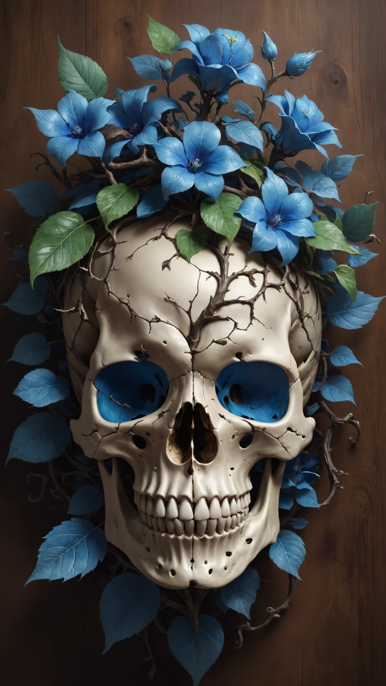 a close up of a skull with a tree and leaves on it, inspired by Alberto Seveso, sylvain sarrailh and igor morski, discord profile picture, thorn crown, detailed full body, portal, edgar maxence and ross tran, eyeless, crown of blue flowers, made of intricate metal and wood, dren from splice