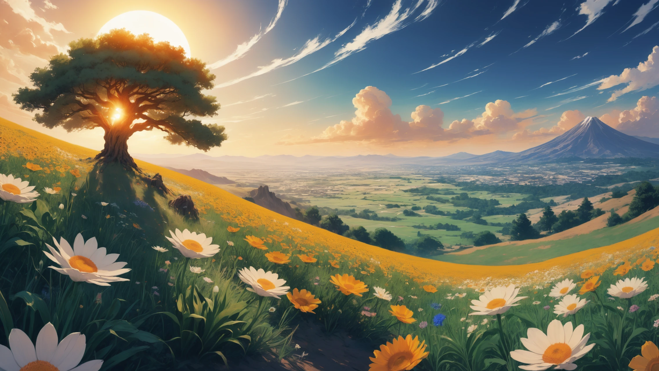 [anime cell shading, :0.2],intricate concept art,   [inspired by Ettore ?Ted? DeGrazia:0.2], BREAK   May the time of this life never wither again, and I'll get drunk again when the flowers bloom..
 BREAK The time has come To embrace the sun and reach far beyond We'll fight the hands of time And live on for now with presence of mind