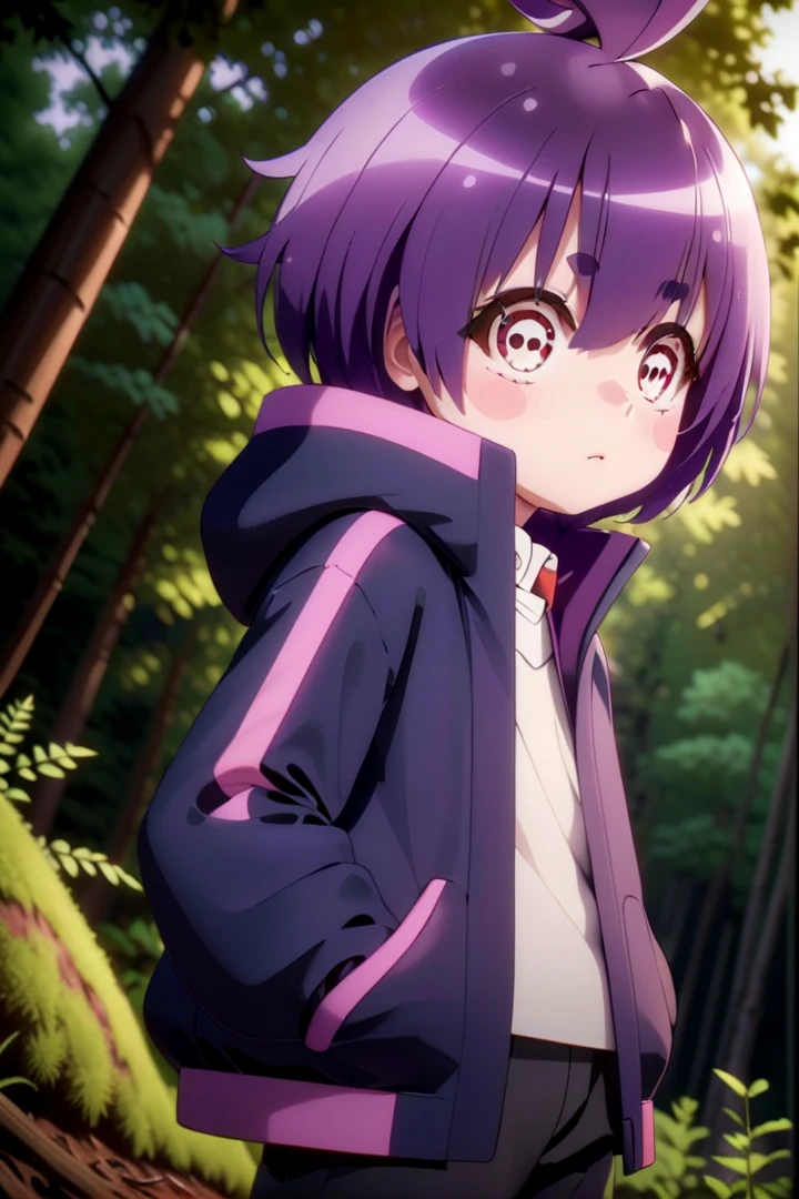 1girl named yayoi_hozuki, she has short purple hair with bangs,
Her eyes are red with a skill pattern,
she is wearing a long sleeved jacket and a white shirt,
she is standing in the forest,
The soft lighting and detailed surroundings create an immersive environment where imagination runs wild hyper-detailed,hyper-detailed face, high quality visuals, dim Lighting, sharply focused, octane render, 8k UHD
 <lora:yayoi-000020:0.7>