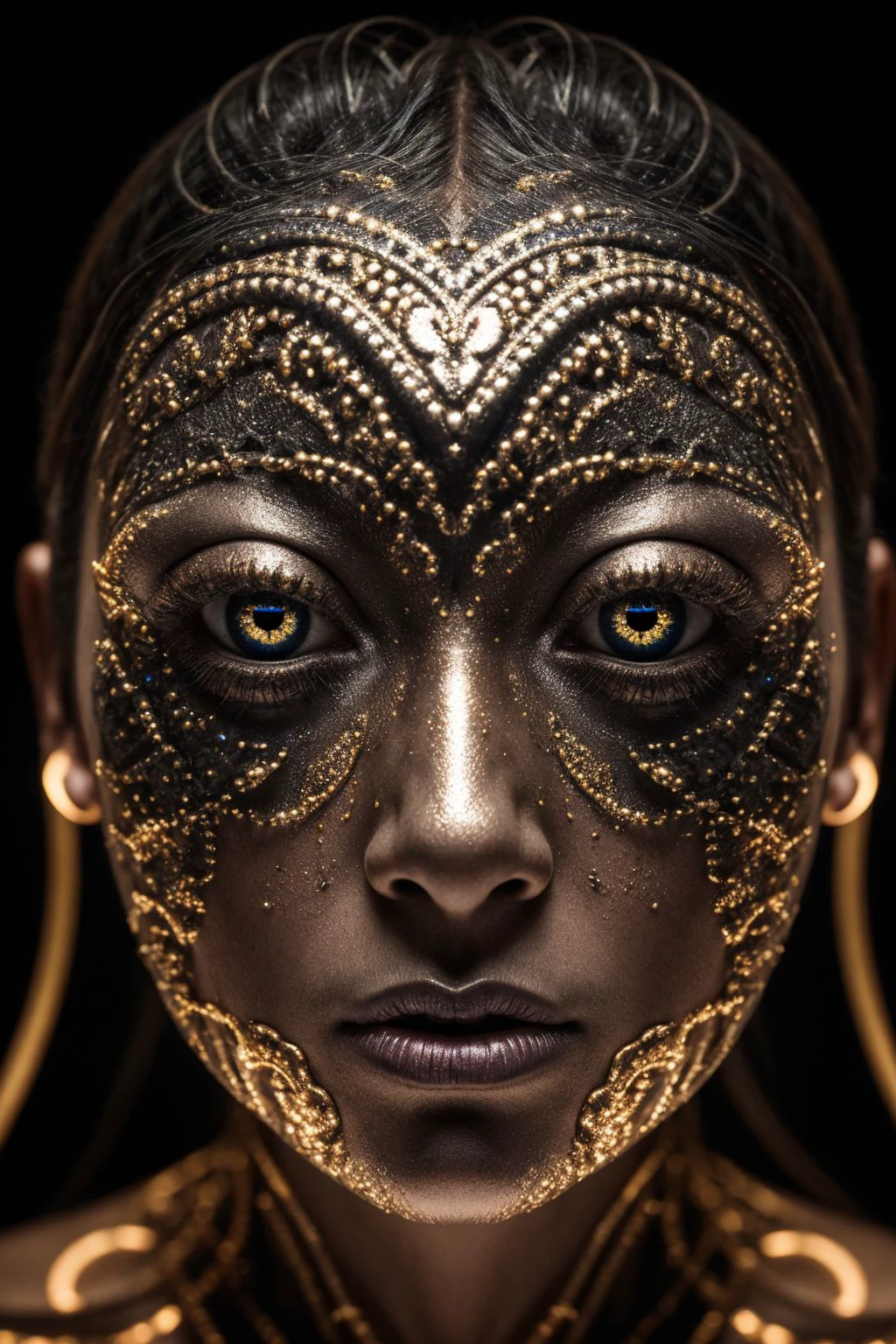 (Masterpiece)An insanely detailed photo of A black beauty with gold eyes, in the style of bio-art, raw metallicity, black and white mastery, gold african influence, pure color, close-up, woman, stock photo, masterpiece, best quality, high quality, extremely detailed cg unity 8k wallpaper, scenery, award winning photography, hdr, trending on artstation, trending on cgsociety, intricate, high detail, cinematic lighting.